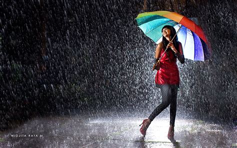 Beautiful Girl Happy Rain Umbrella Walk Free Hd Wallpaper