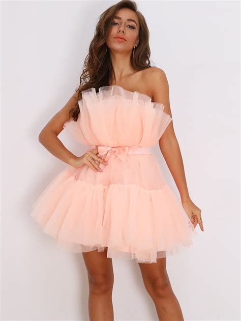 ad joyfunear bow front layered tube tulle dress tags romantic pink pastel plain strapless