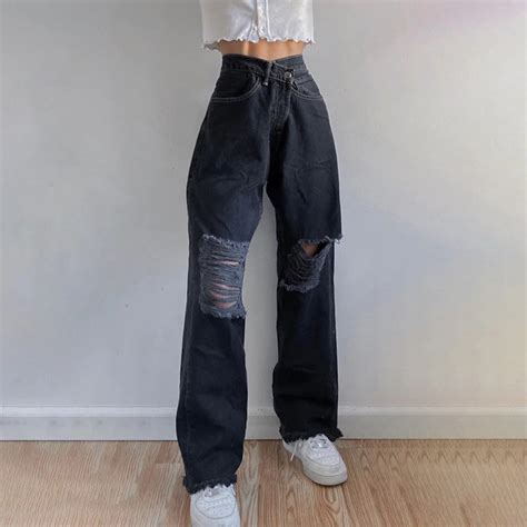 Black High Waisted Baggy Ripped Jeans Aesthetic Pants Y2k Etsy
