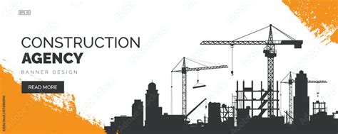 Construction Company Banner Design Background With Black Silhouette Of