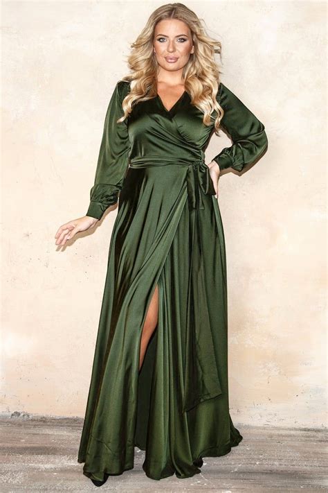 Olive Green Silk Maxi Wrap Dress Plus Size Bridesmaid Satin Etsy In Bridesmaid Dresses