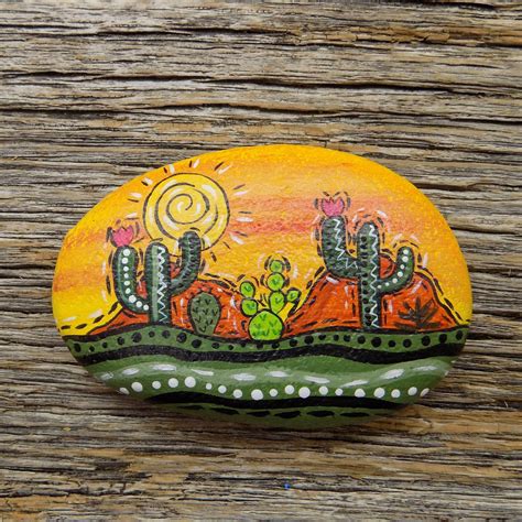 Desert Scene Abstract Cactus Painted Rockdecorative Accent Etsy