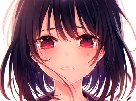 Wallpaper Original Characters Crying Red Eyes Anime Girls Short