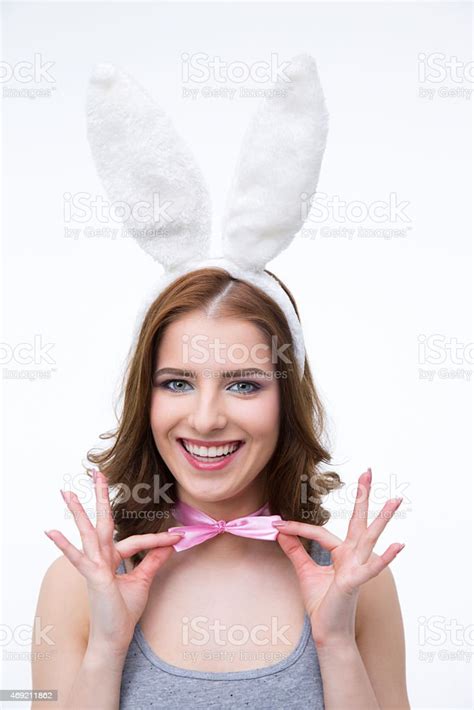 Woman In Rabbit Ears Holding Her Butterfl Stock Photo Download Image