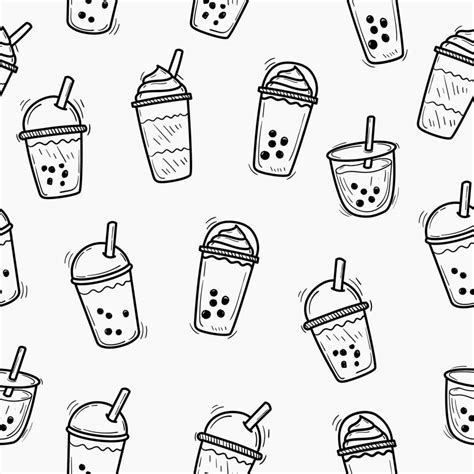 Bubble Milk Tea Seamless Pattern In Cute Doodle Drawing Style With A