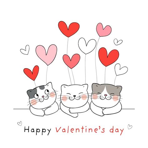 Dibuja Un Lindo Gato Con Globo Para El Día De San Valentín Vector