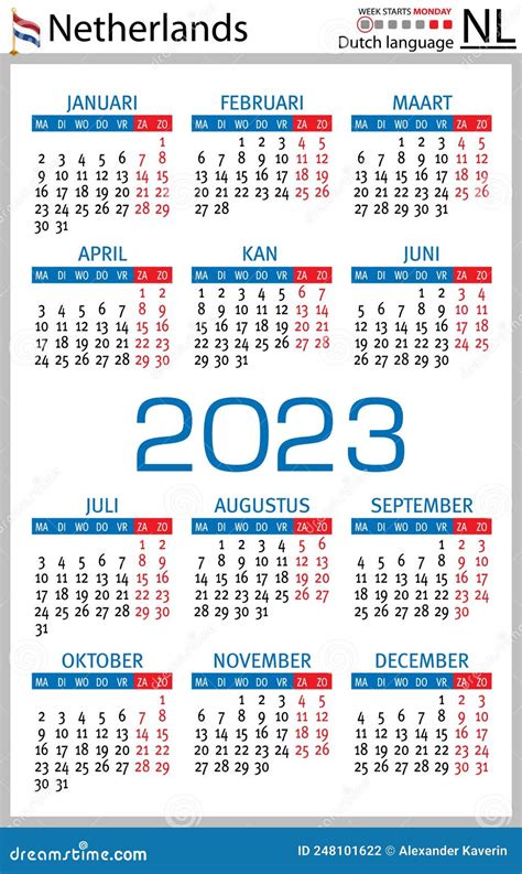 Dutch Vertical Pocket Calendar For 2023 Week Starts Monday Stock
