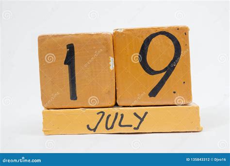 July 19th Day 19 Of Month Handmade Wood Calendar Isolated On White