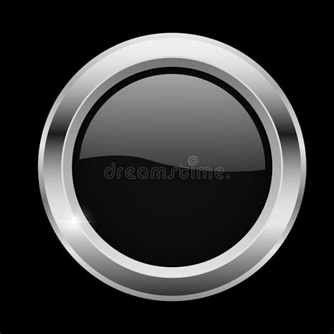 Black Round Glass Button With Chrome Frame On Black Background Stock