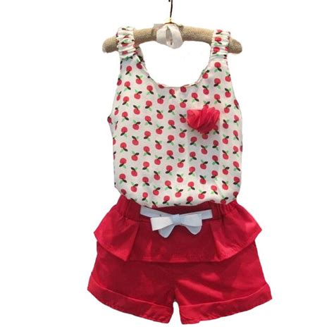 2016 New Fashion Summer Kids Clothes Suit Girls Flower Top Red Casual