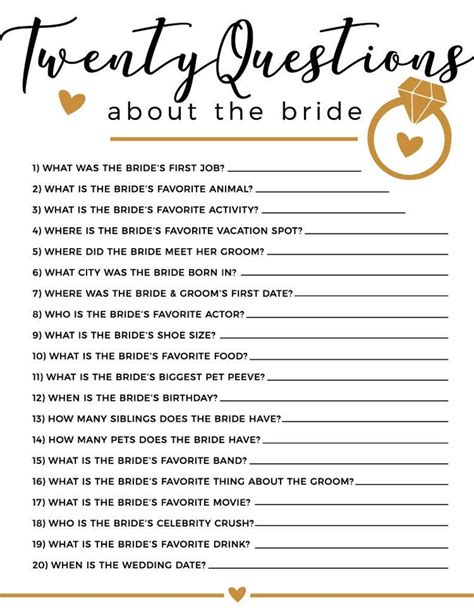 20 Questions Bridal Shower Game Etsy Bridal Shower Questions Bridal Shower Games Bridal