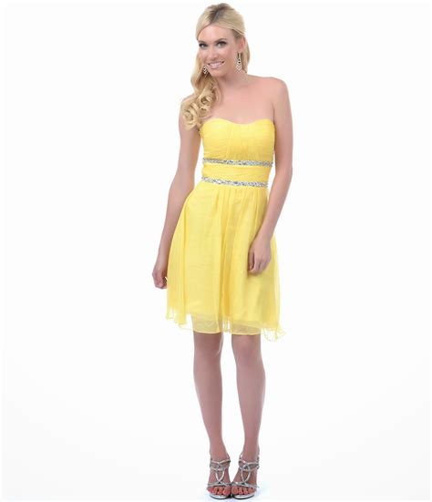 Vudress Dresses Shop Online Yellow Ruched Empire Waist Strapless Dress