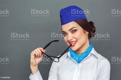 Professional Occupation Stewardess Standing Isolated On Grey Biting