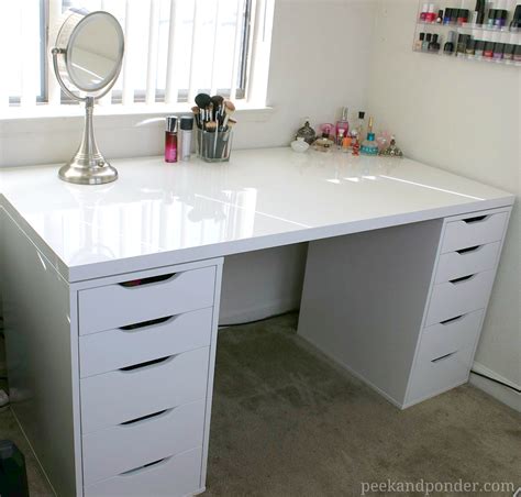 To create the storage part of my vanity i purchased two ikea alex 5 drawer units and one table top in high gloss white (47×23). My New IKEA Makeup Vanity, DIY Style! | Peek & Ponder