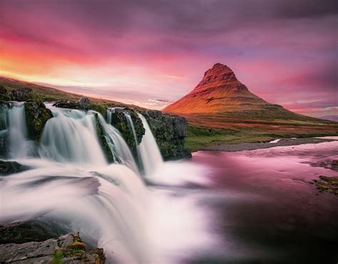 Kirkjufellsfoss Waterfall With Kirkjufell Mountain At Sunset In Iceland