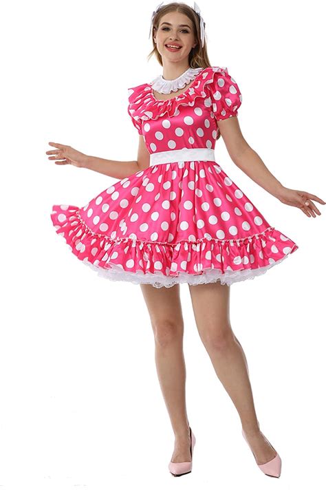 Joline Sissy Women Pink With White Dots Pattern Satin Short Dress Crossdressing At Amazon Women