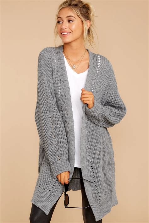 Stylish Grey Thick Knit Cardigan Long Open Front Cardi Top