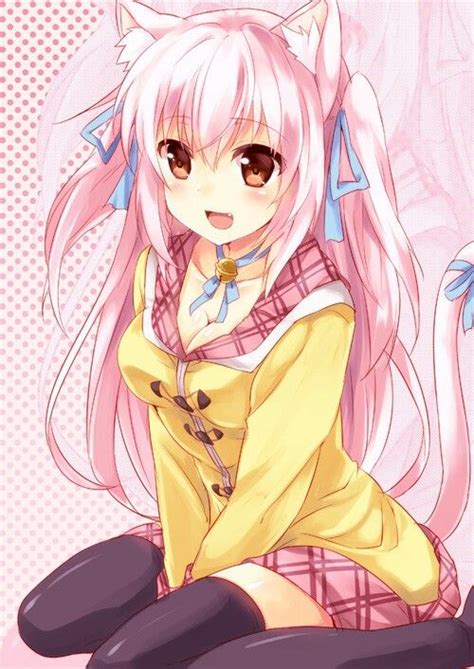 Anime Girl Pink Hair Brown Eyes Cat Ears Cat Tail Neko Bell Ribbon