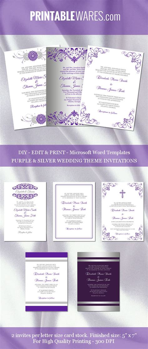 purple  silver wedding invitation templates