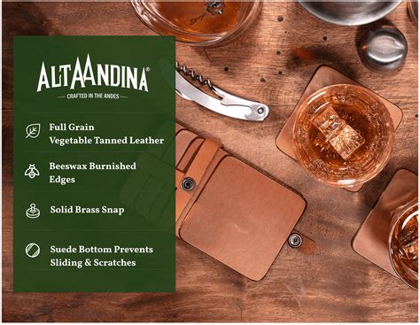 Square Leather Coasters With Snap Coaster Holder – Set of 6 (Café