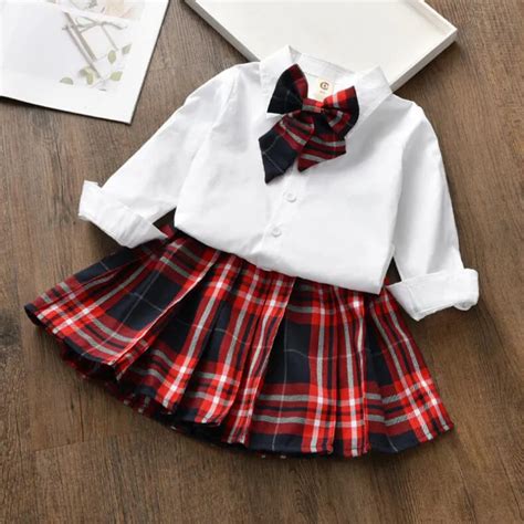 2018 Spring New Childrens Korean Girls Shirt Skirt Bow Tie 3pcs