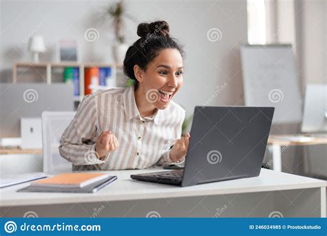 Win Emotional Excited Businesswoman Celebrating Success Shaking