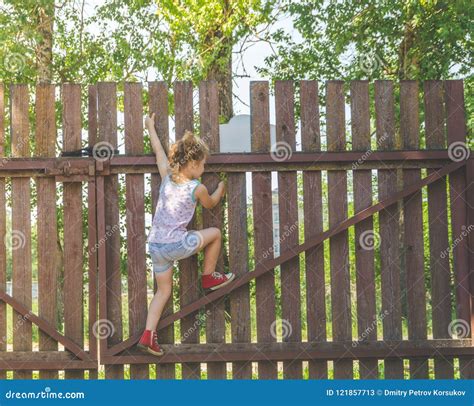 Girl Climbs The Fence On A Summer Day Stock Image Image Of Happy Outdoors 121857713