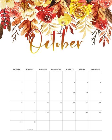 An October Calendar With Watercolor Flowers And Leaves