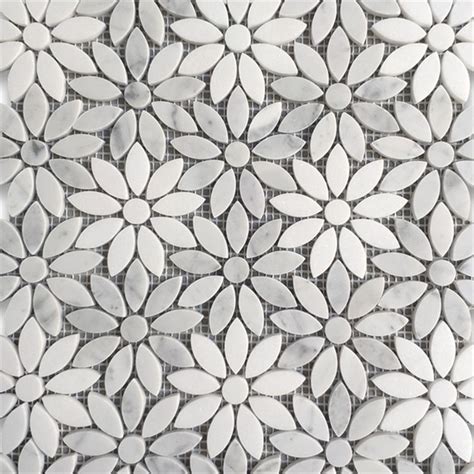 Carrara White And Thassos Marble Daisy Flower Mosaic Tile Honed Stone