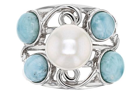 95 10mm White Cultured Freshwater Pearl And 225ctw Larimar Rhodium Over