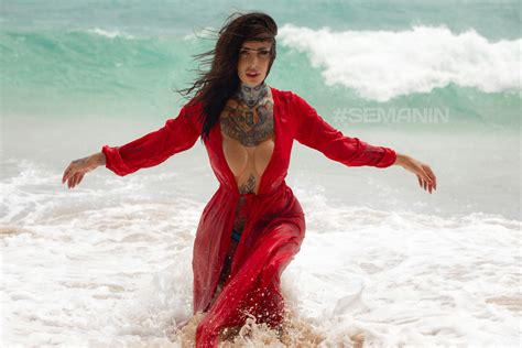 Wallpaper Aleksandr Semanin Tattoo Sea Beach Women Outdoors Red Dress Wet Body Wet