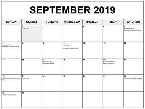 Best 50 September 2019 Calendar With Holidays Printable Country Wise
