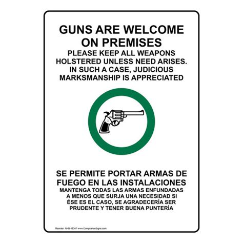 Bilingual Vertical Sign Guns Welcome Premises Weapons Holstered