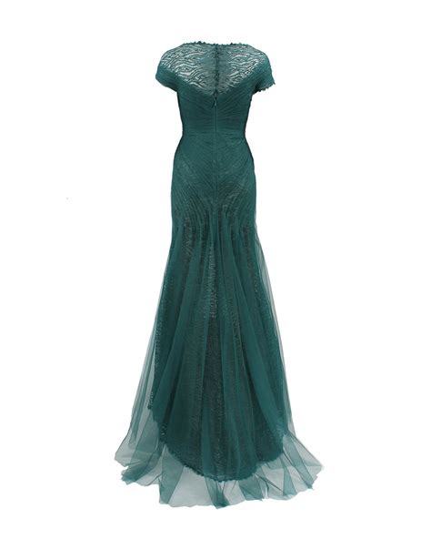 Monique Lhuillier Tulle Ruch Lace Neck Gown In Forest Green Lyst