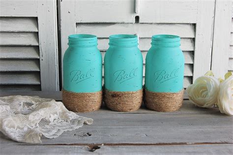Aqua Mason Jars Wrapped With Jute Easy Mason Jar Crafts Mason Jars