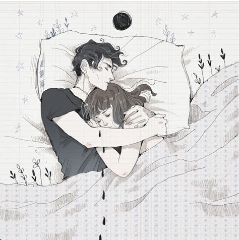 a drawing of two people laying in bed with one holding the other s head