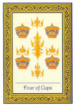The four of cups in combination with other cards tends to dampen the mood of the reading. Four of Cups card from the Deviant Moon Tarot Deck