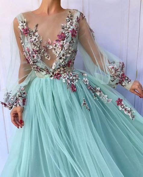 Blue Tulle Floral Embroidered Puff Sleeve Prom Dress Tulle