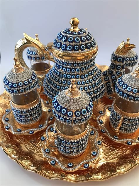 28 Pc Turkish Arabic GLASS TEA Cup Saucer TEAPOT EVIL EYE Decorated