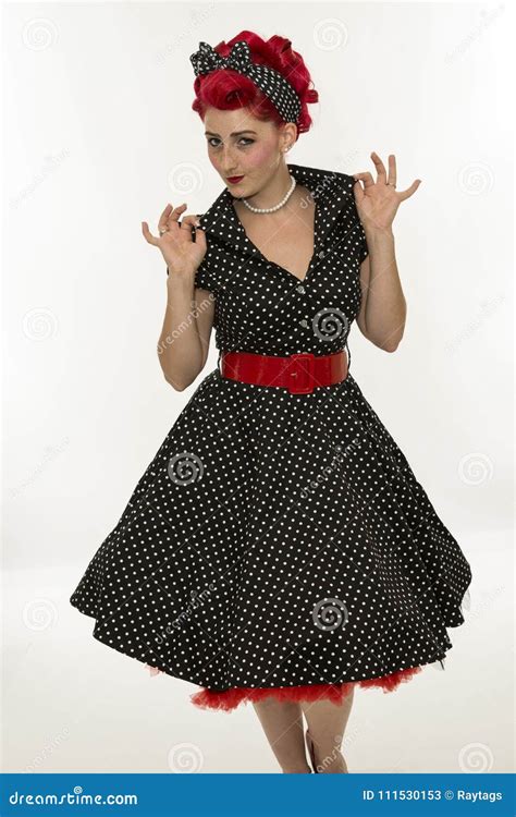 Fashion Pinup Girl In Black Polka Dots Dress Vintage Stock Image Image Of Portrait Face