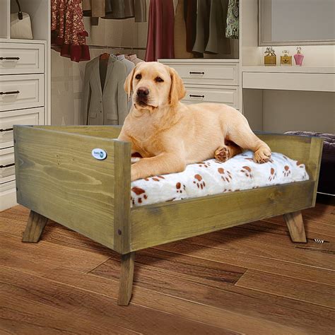 Raised Wooden Pet Bed With Removable Cushion Rustic Brown Large