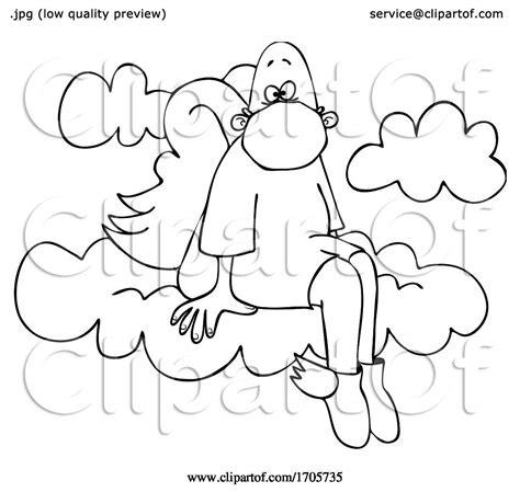 Cartoon Black And White Male Angel Sitting On A Cloud And Wearing A