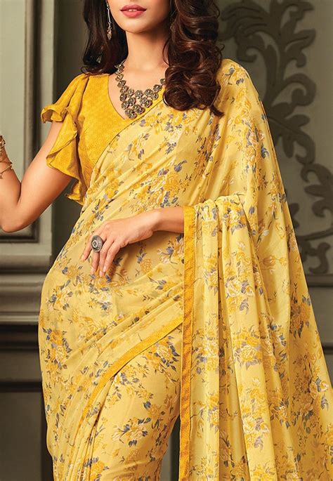 Printed Georgette Saree In Yellow