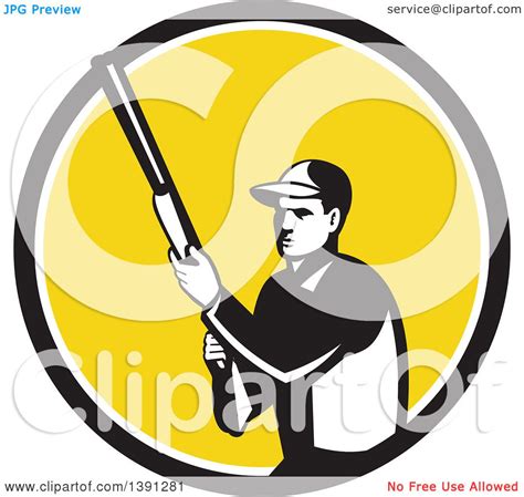 Clipart Of A Retro Male Hunter Holding A Shotgun In A Black White And