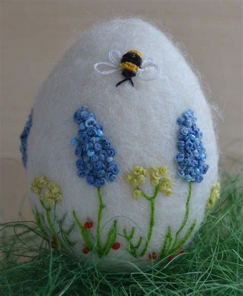 Handmade Needle Felted White Egg Easter Wildflowers Bee Artist Spring