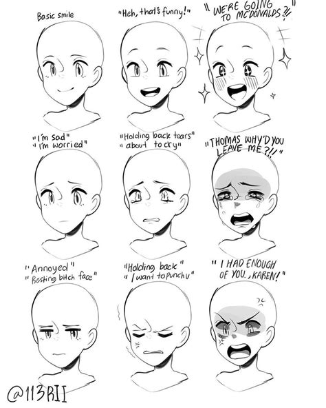 The Stages Of Facial Expressions For An Anime Character S Face And Head