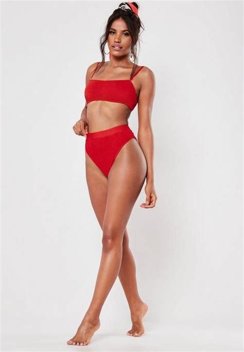 Missguided Red Crinkle Mix And Match High Waisted High Leg Bikini