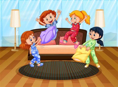 Four Girls In Pajamas Playing With Pillows 358931 Vector Art At Vecteezy