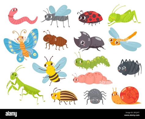 Cute Cartoon Insects Funny Caterpillar And Butterfly Children Bugs