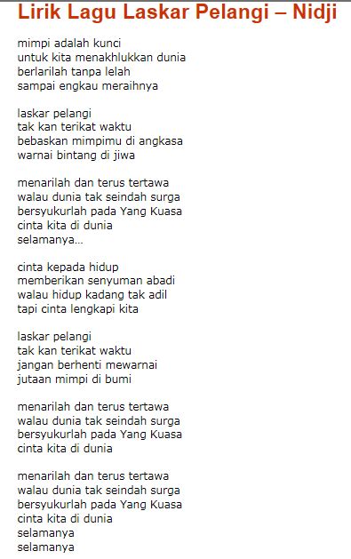 Lirik Lagu Laskar Pelangi Nidji Lasopamaster